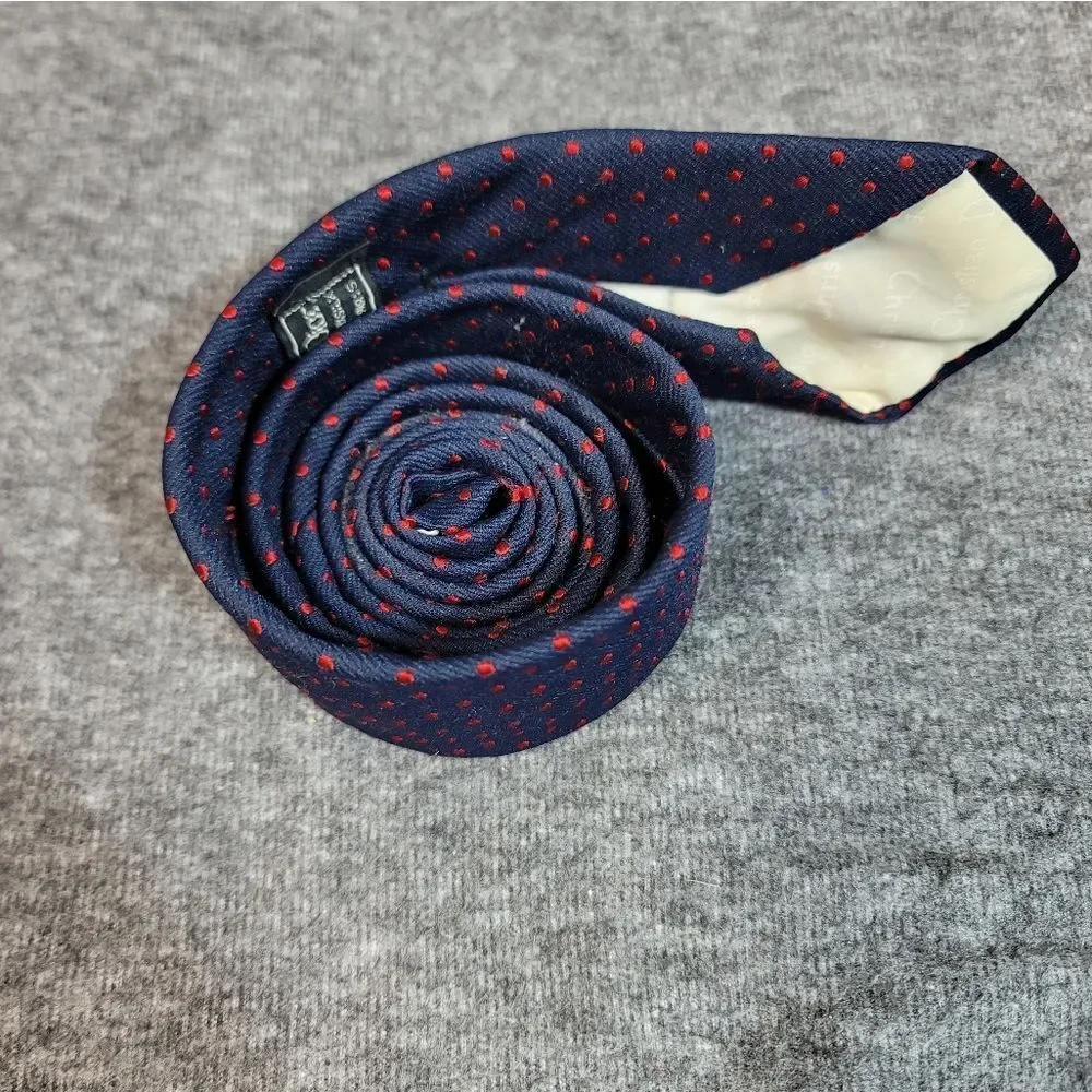 Vtg 70's Christian Dior Neck Tie Navy Blue Red Dotted Silk Blend Tie 54" x 4" - Picture 5 of 8
